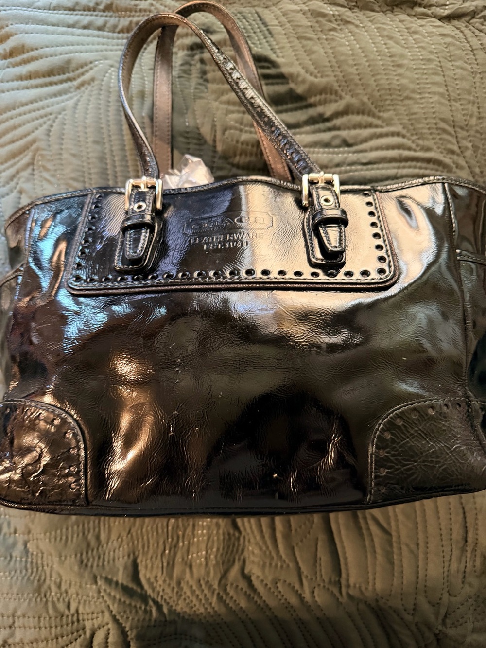Coach Black Patent Leather Tote with Buckle Trim